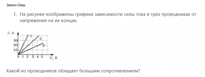 На рисунке изображены графики зависимости силы тока в трех проводниках от напряжения